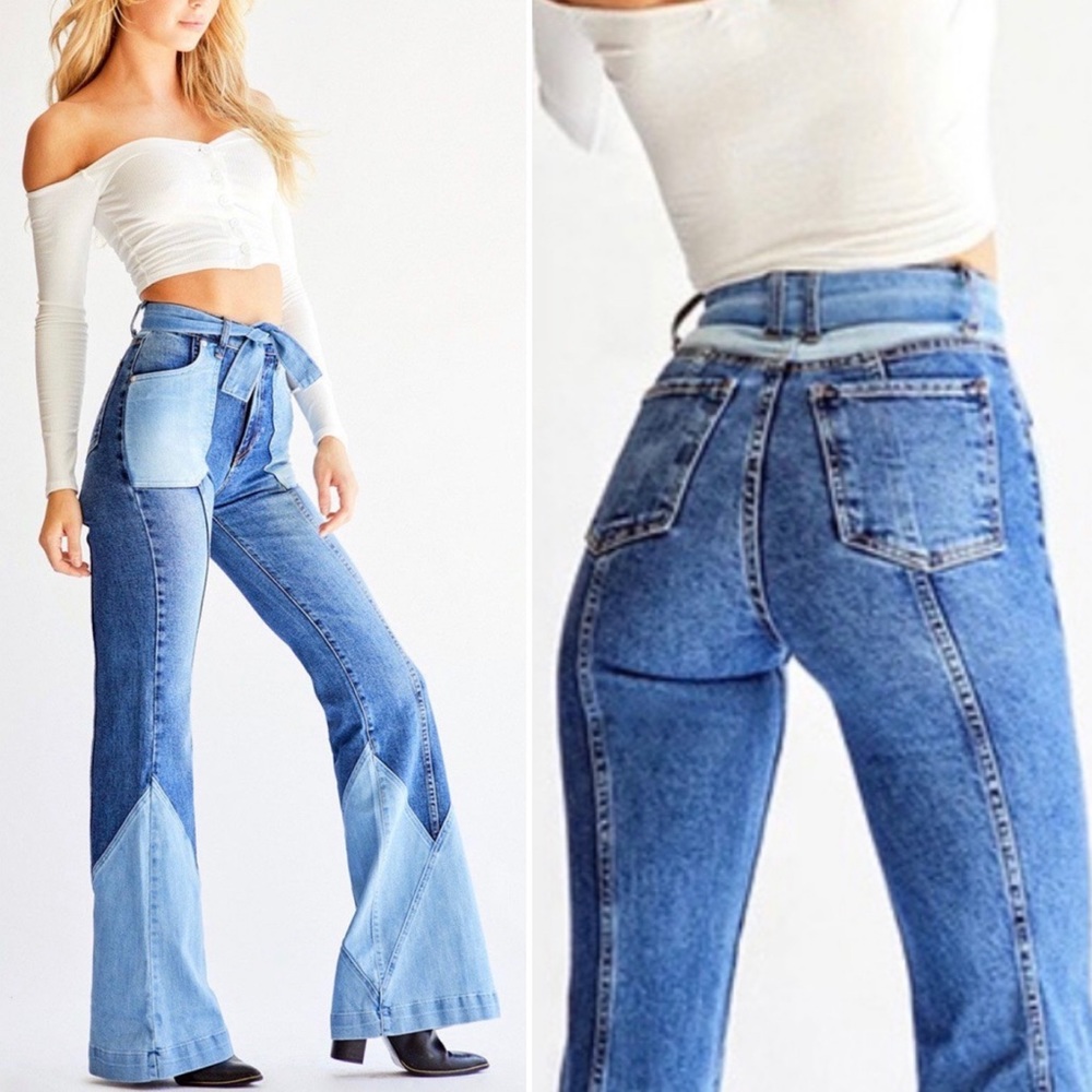 Revice Boogie Bells Jeans High Waist BlueFlare Leg Patchwork Two Tone size 24